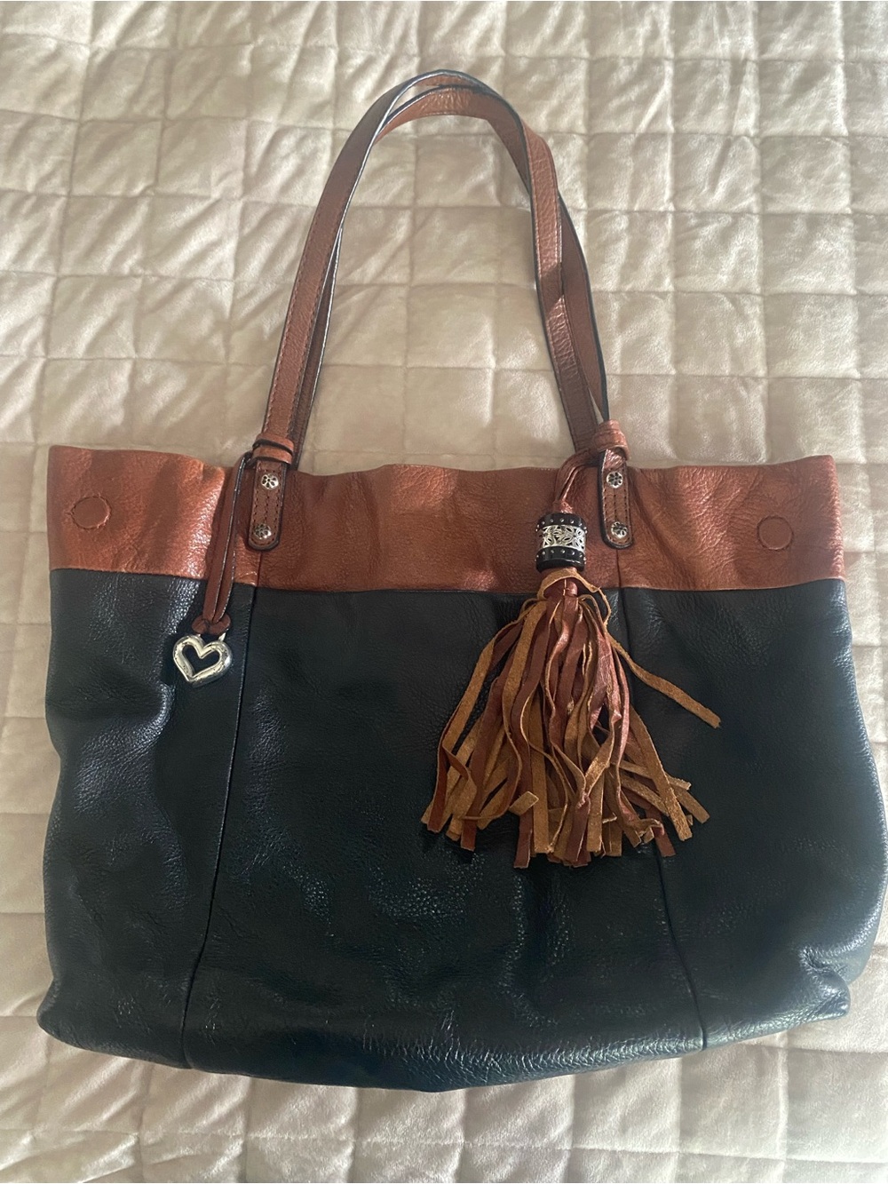 Brighton Black and Brown Two-Tone Leather Tote with Tassel